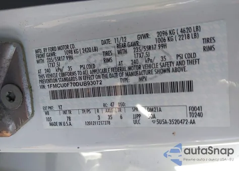 2013 Ford Escape S z USA, uszkodzony, nr VIN 1FMCU0F70DUB93072